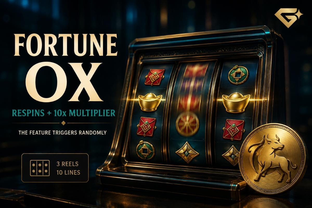 Fortune Ox guide showing a compact three-reel slot with respin and multiplier mechanics