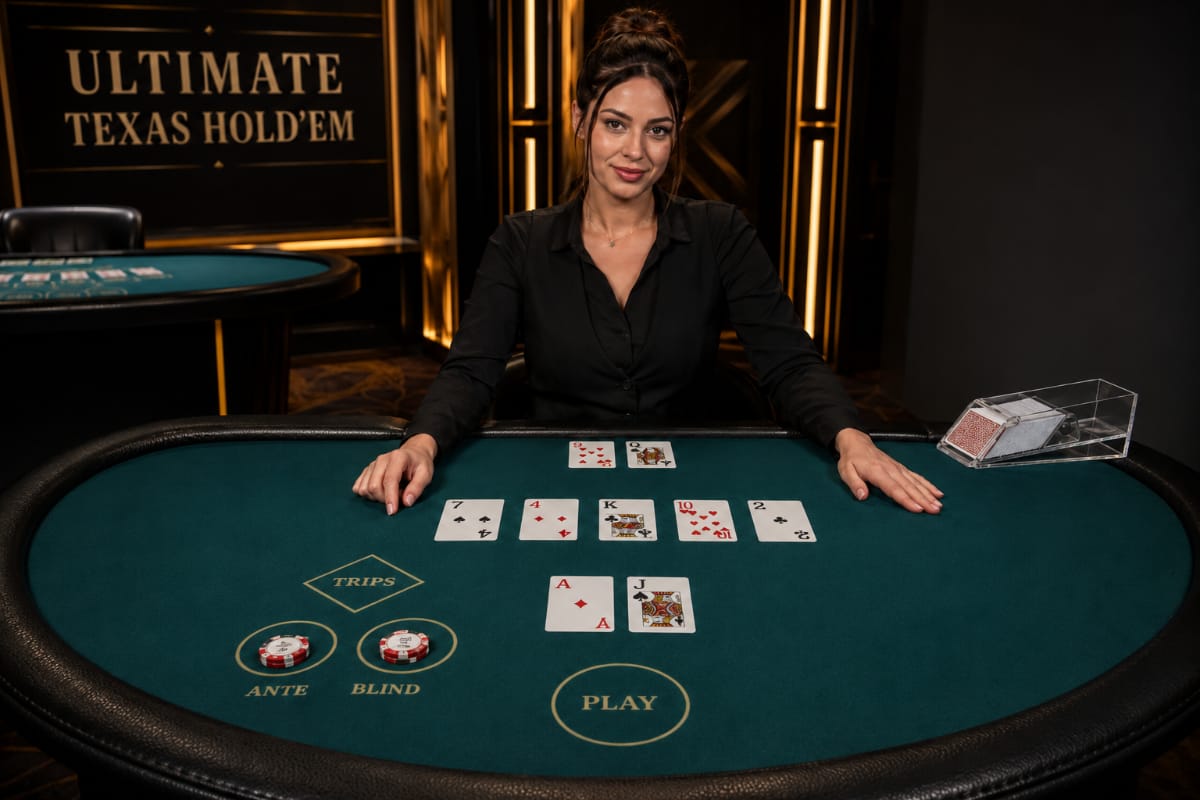 Ultimate Texas Hold'em live casino table with Ante Blind Trips and Play betting areas