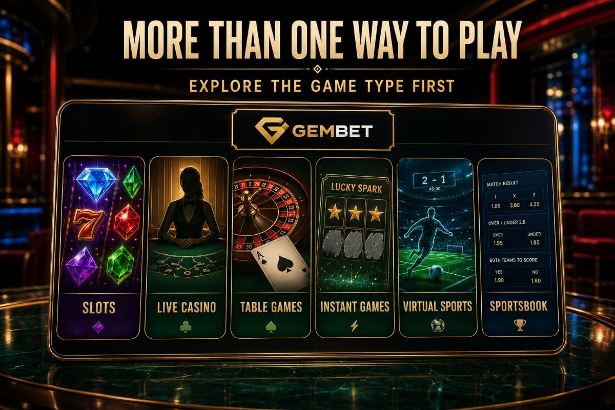 Gembet games showing slots live casino table games virtual sports and sportsbook categories