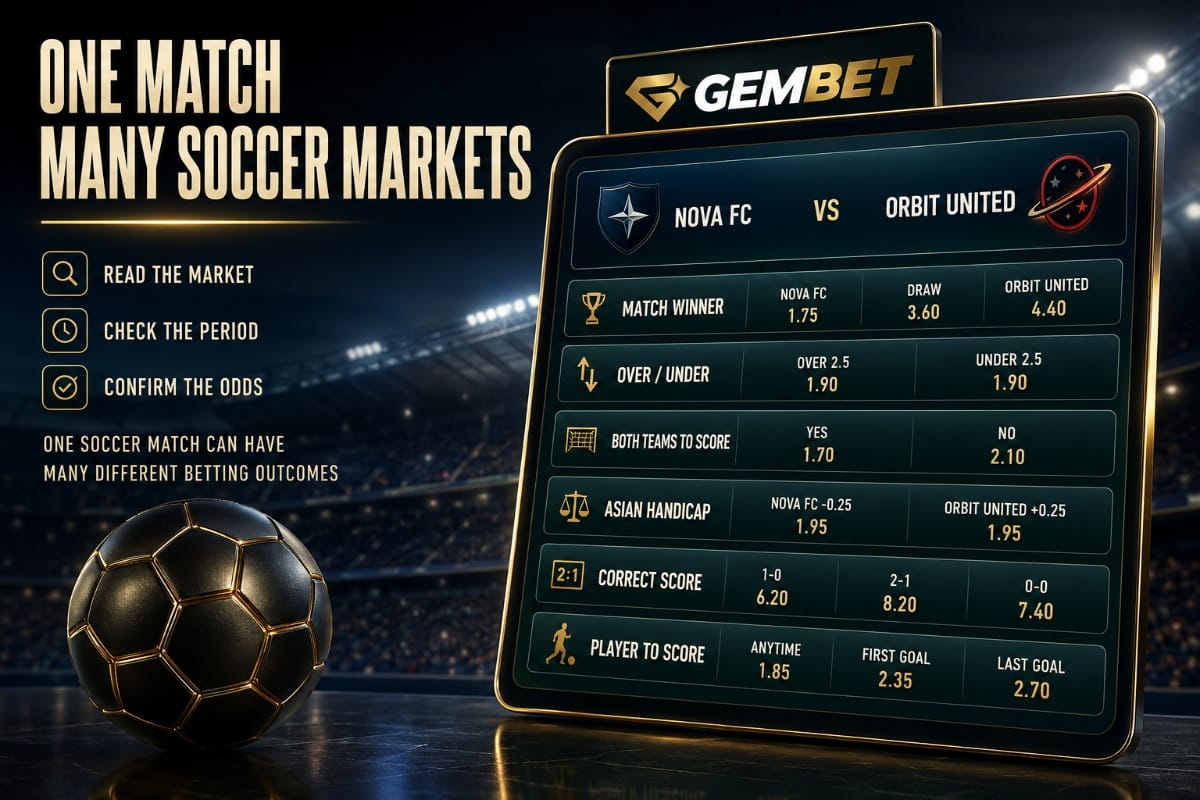 Soccer markets on Gembet showing match winner totals BTTS handicaps and correct score