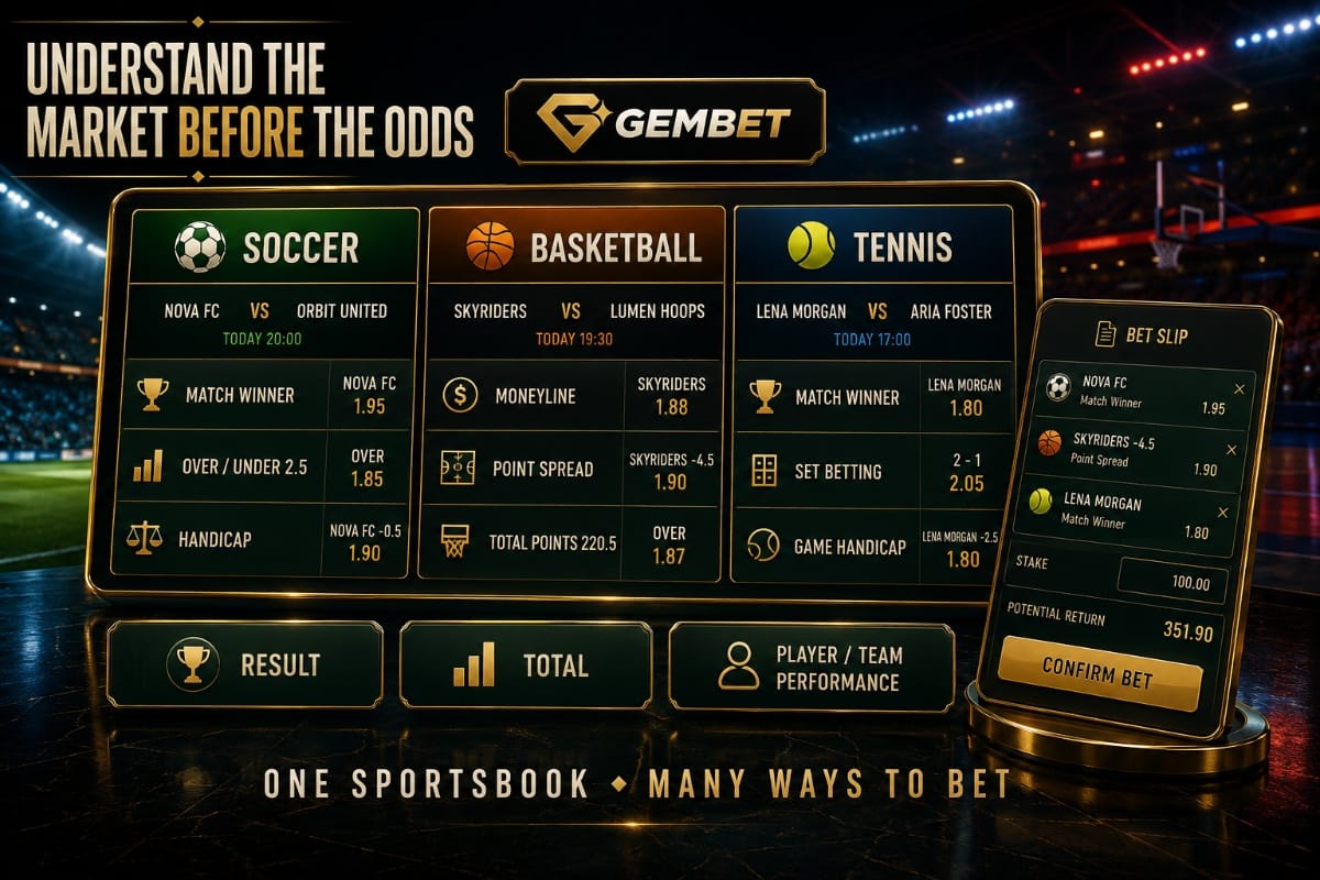 Sports betting markets on Gembet showing match winner totals handicaps props and outright bets