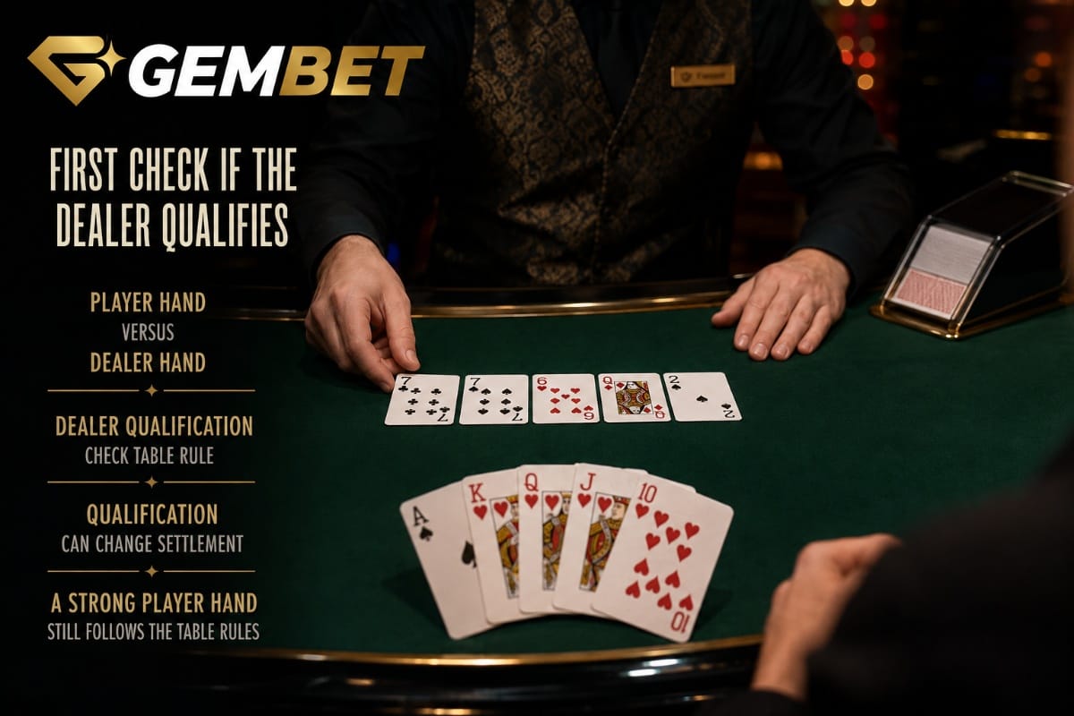 Poker games example showing a player hand and dealer hand with a dealer qualification check