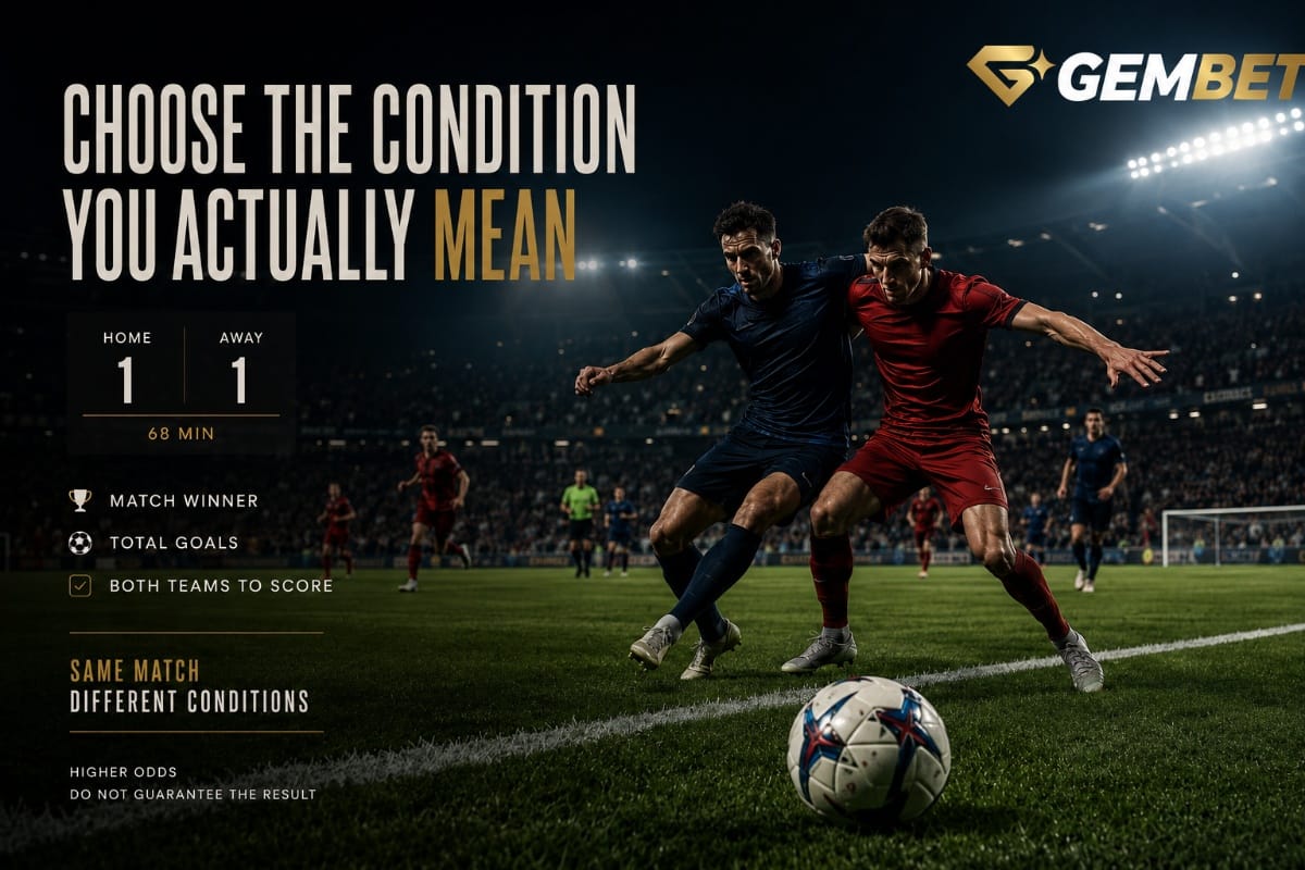 Football betting at Gembet showing match winner, total goals and both teams to score markets during a fictional match