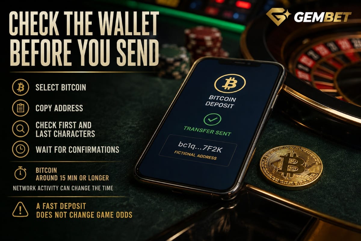 Bitcoin casino payment at Gembet showing a secure wallet transfer, address check and blockchain confirmations