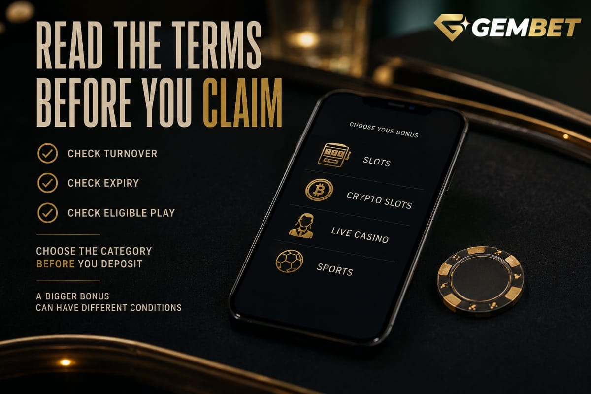 Casino bonus at Gembet showing Slots, Crypto Slots, Live Casino and Sports bonus categories