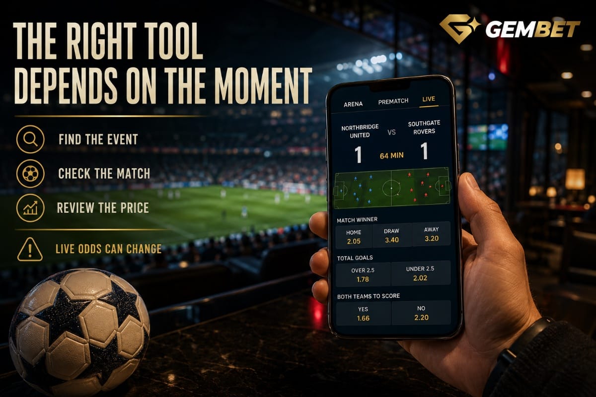 Sports betting at Gembet showing Arena, Live and Prematch options during a fictional sports event