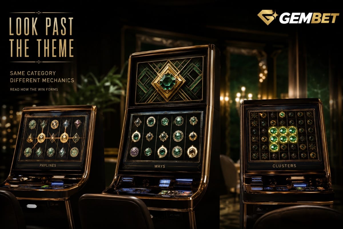 Online slots at Gembet showing payline, ways and cluster game formats in a premium casino setting