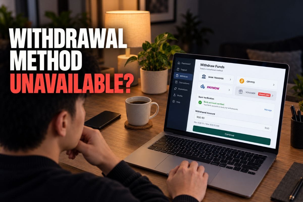 Withdrawal Method Unavailable message on an online casino cashier page