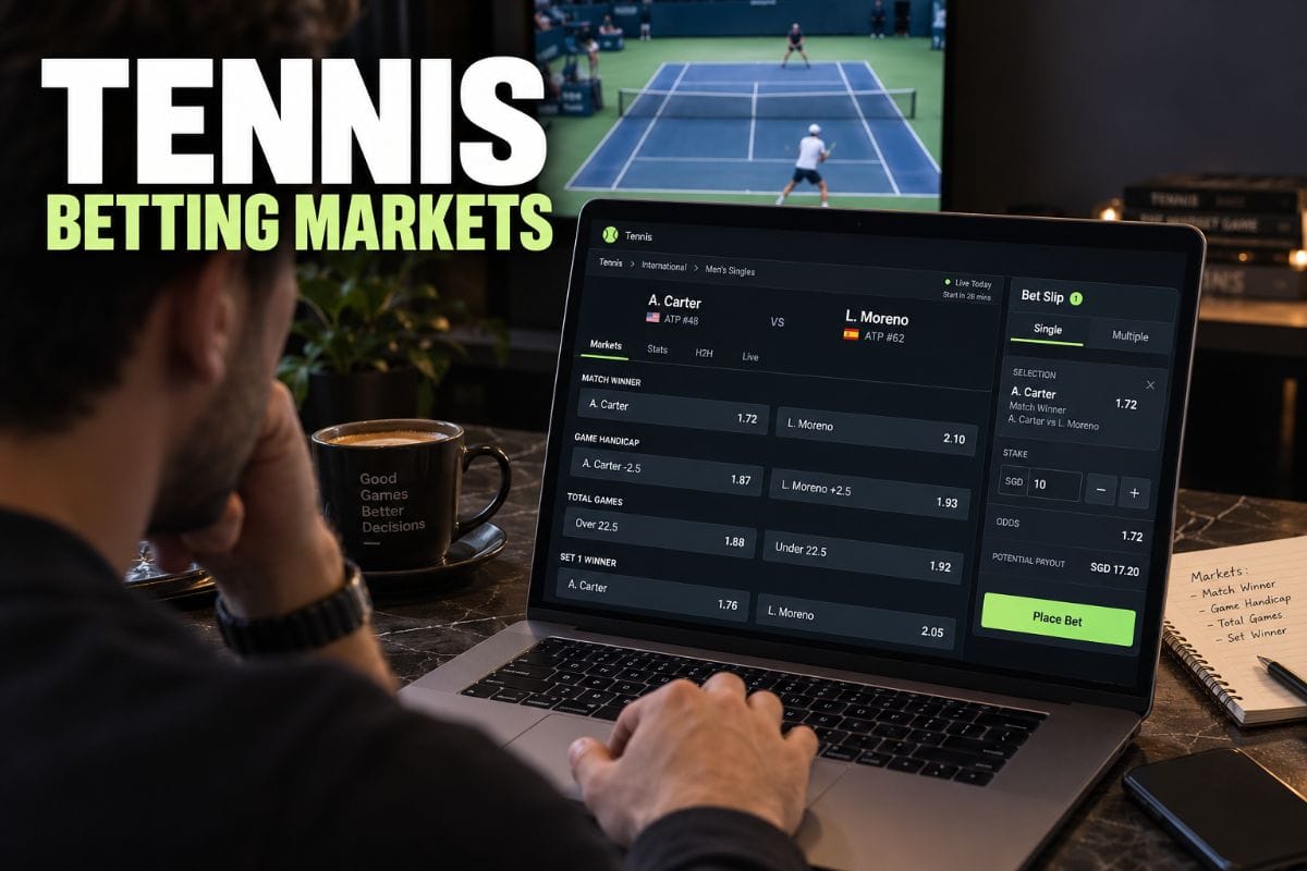 Tennis betting markets showing match winner, game handicap and tennis totals