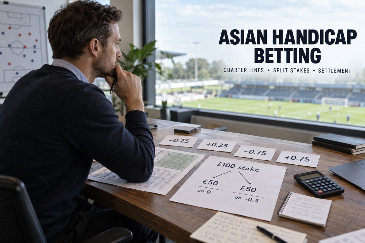 Asian handicap betting guide showing quarter goal football handicap lines and split stake examples