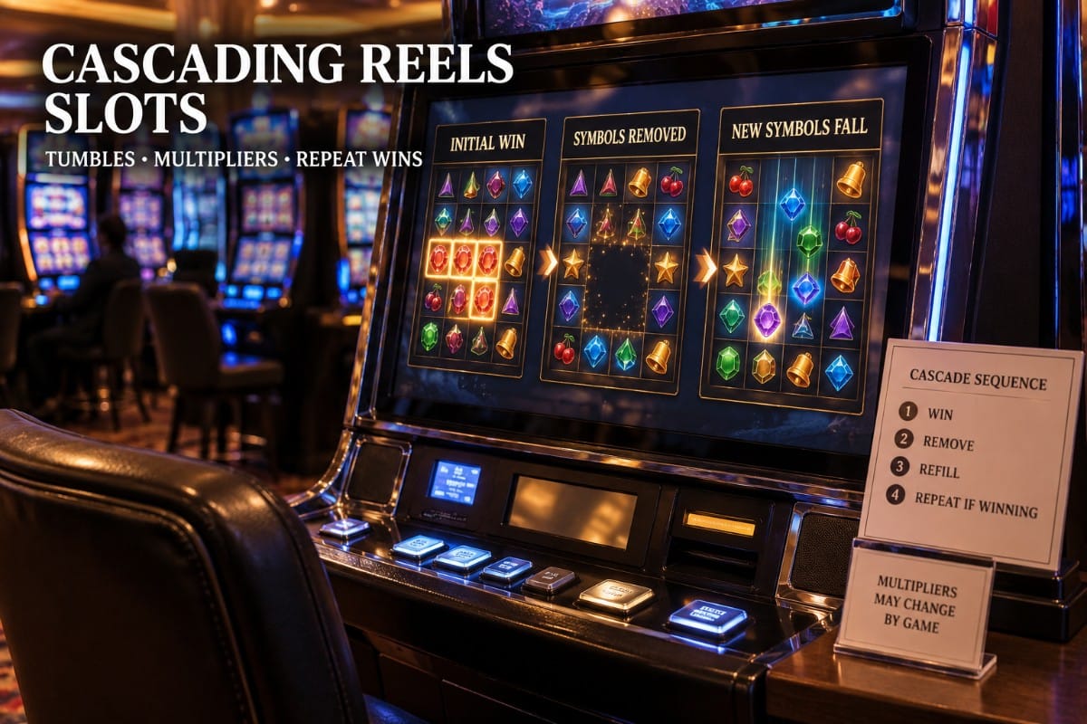 Cascading reels slots showing symbols disappearing and new symbols falling into a physical slot display