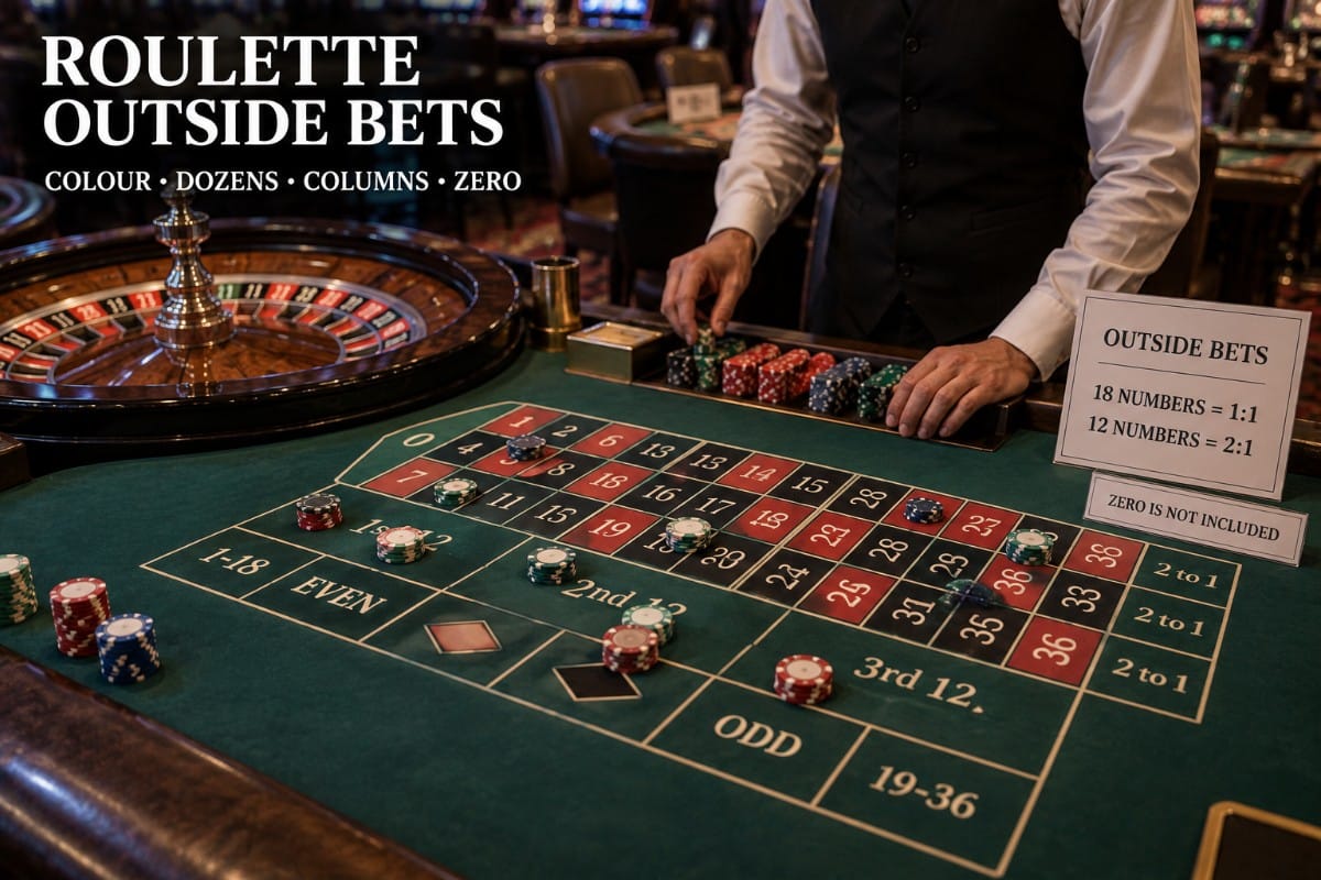 Roulette outside bets shown on a realistic table with red or black, dozens and columns clearly marked