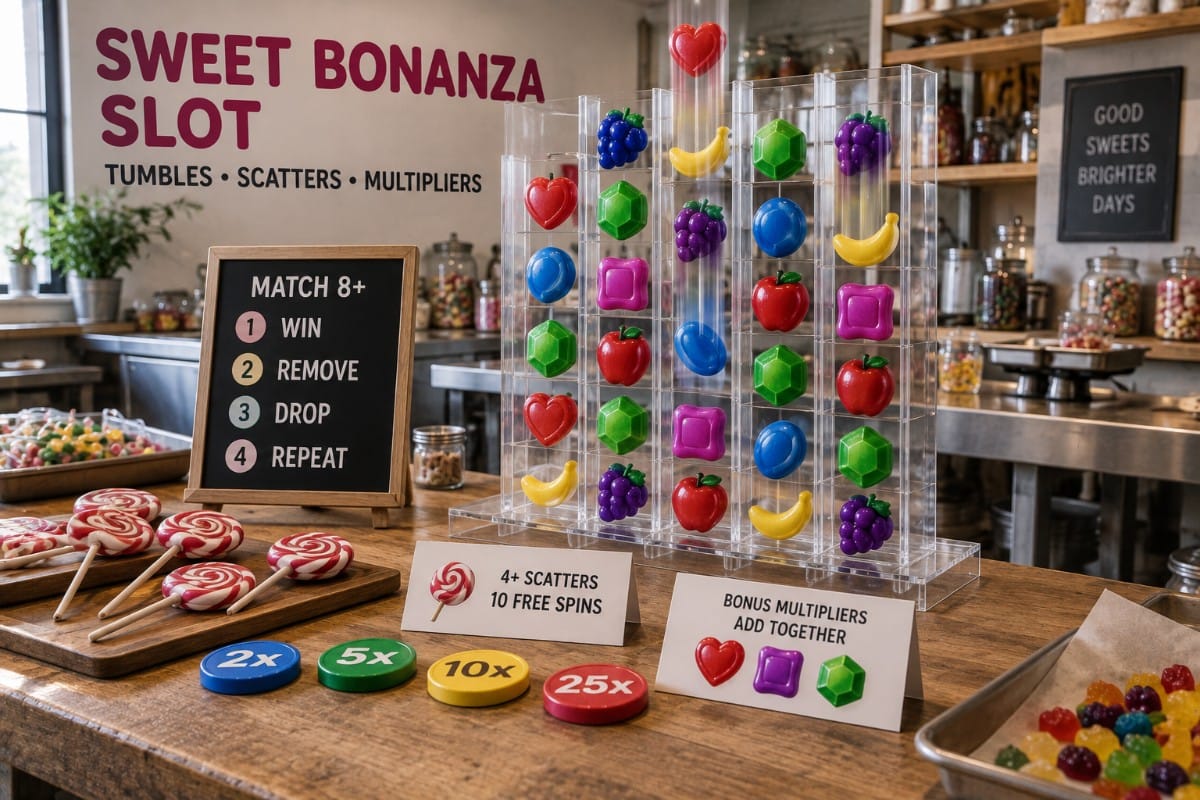 Sweet Bonanza slot concept showing tumbling candy symbols, lollipop scatters and multiplier tokens